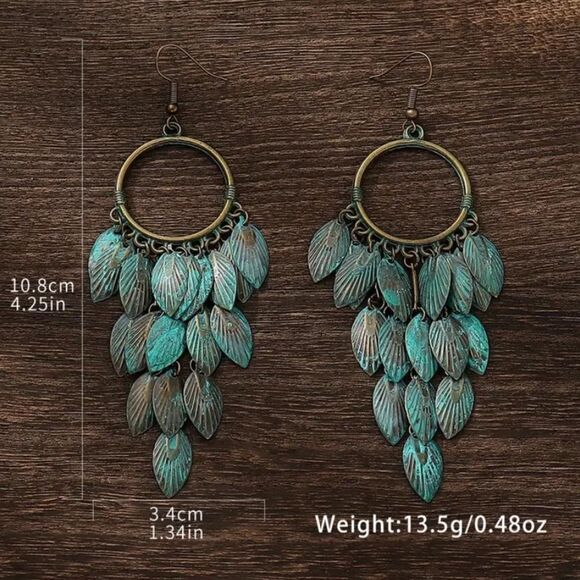 ✨ 🆕 ✨ Bohemian Turquoise & Bronze Leaf Dangle Earrings Antique Finish✨ - Picture 6 of 10